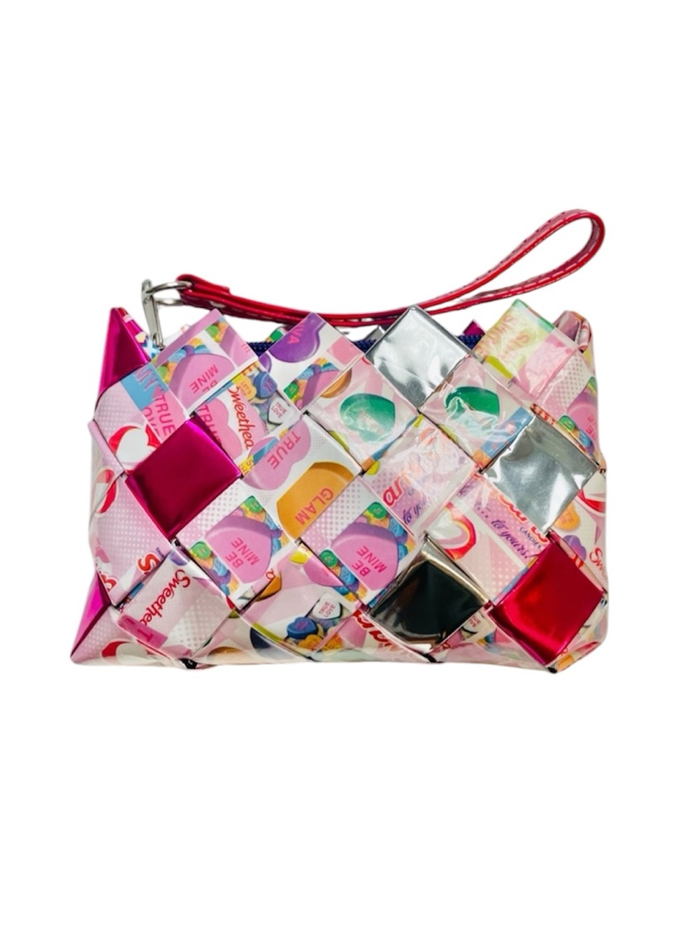 Nahui Ollin Pink Metallic Multicolor Woven Wristlet Clutch
